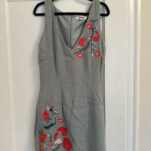 BB Dakota muted green Dress with Red Floral Embroidery